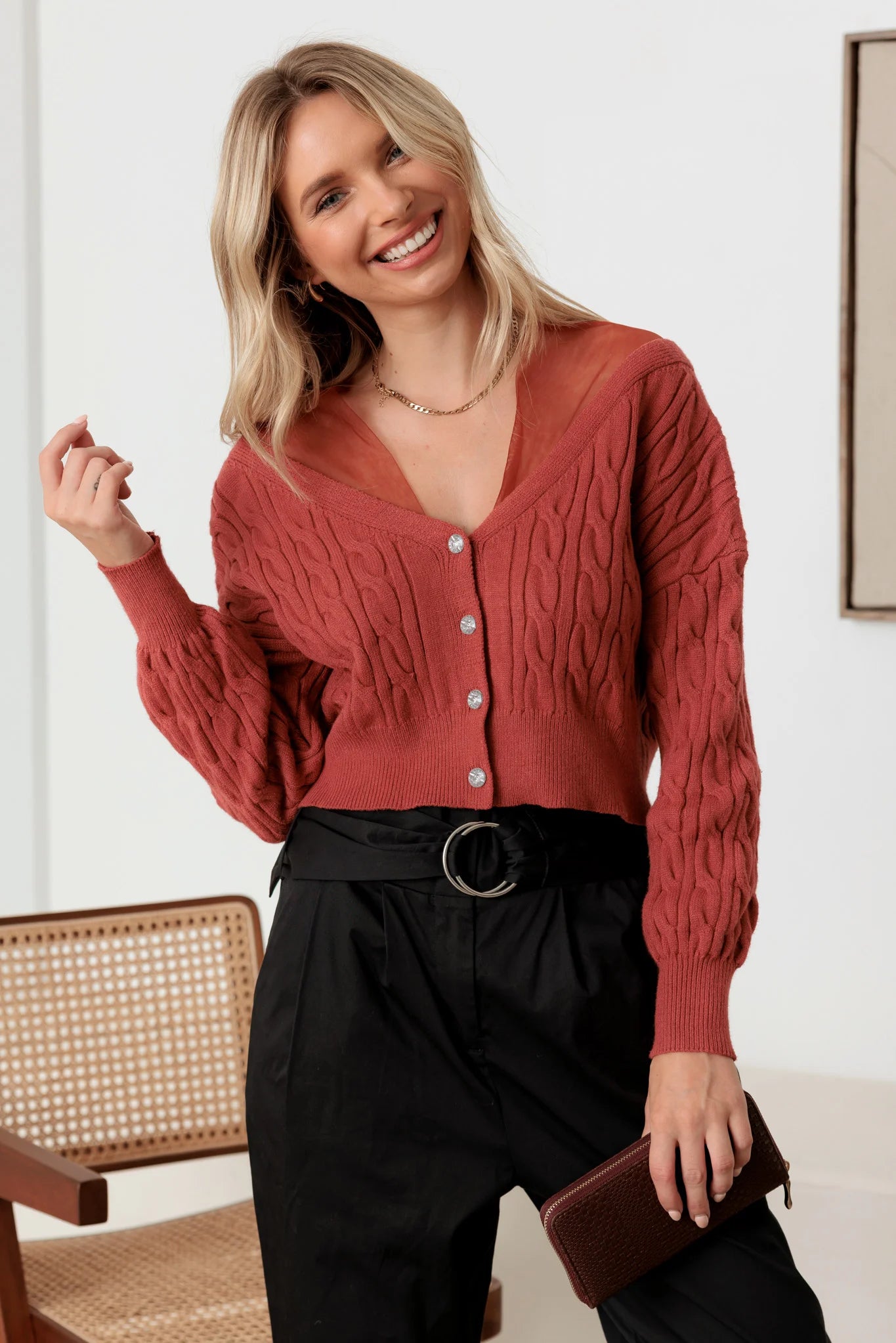 Exclusive Deal Cable Rhinestone Button-Up Long Sleeve Sweater