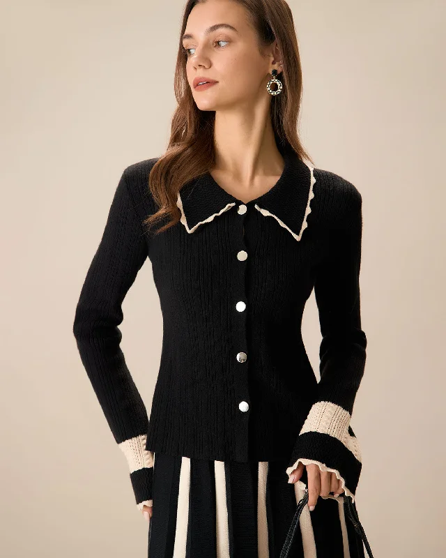 Inventory Reduction Women's Black Splicing Button Ribbed Cardigan