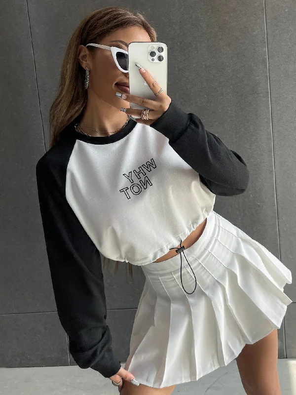 Weekend Offers That Delight Casual Letter Drawstring Long Sleeve Round Neck Crop Women Sweatshirt