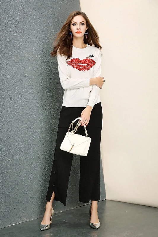 Online Exclusive Lips Sweater W/ Beaded Flower Detail