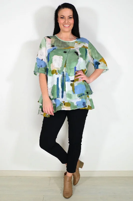 Unmissable Offer Green Layered Abstract Tunic Top