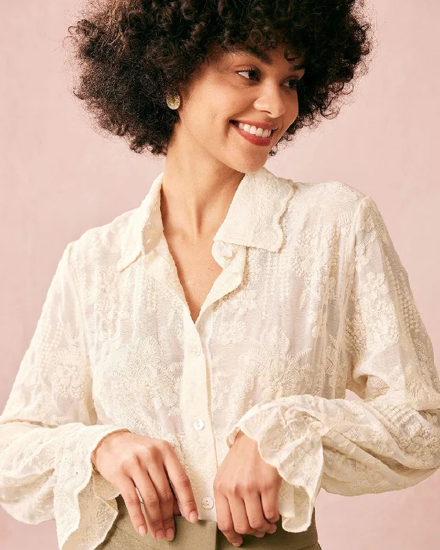 Seasonal Sale The Beige Lapel Embroidery Long Sleeve Blouse