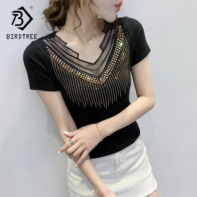 Early Access Black T-Shirt Women New V-neck Handmade Diamonds Beading Rivet Mesh Transparent Sexy Women Tops Tees Short Sleeve Summer T25504
