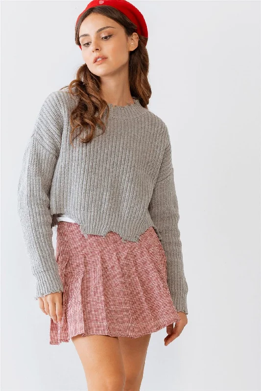 Flash Sale Grey Torn Edge Long Sleeve Crop Knit Top /3-2-1