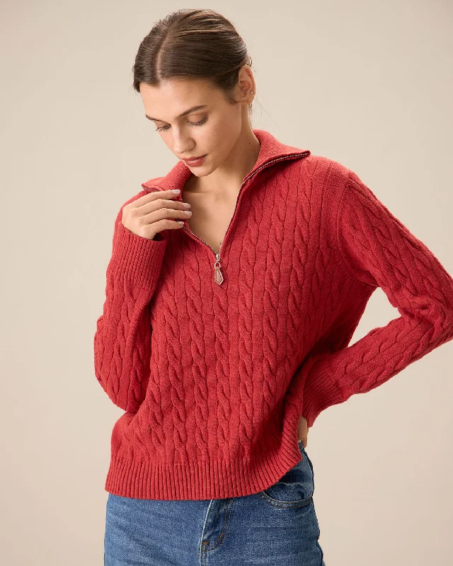 The Best Prices Red Lapel Zipper Sweater