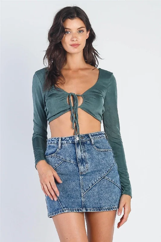 Savings Event Teal Satin Effect Self-Tie Long Sleeve Crop Top /3-2-1