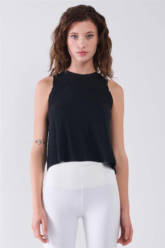 Weekend Specials to Snag Black Sleeveless Crew Neck Ribbed Split Back Top