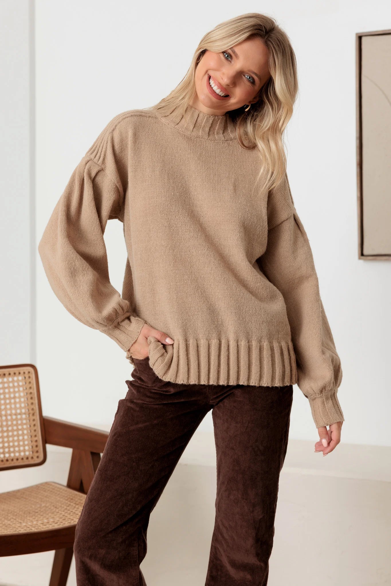 Weekend Discounts to Delight Knit Crew Neck Long Puff Sleeve Sweater
