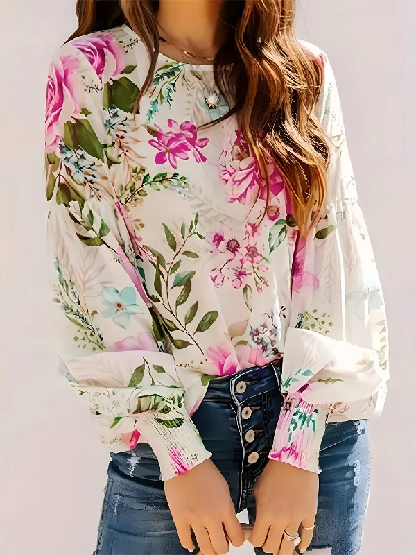 Take Advantage Printed Round Neck Lantern Sleeve Blouse