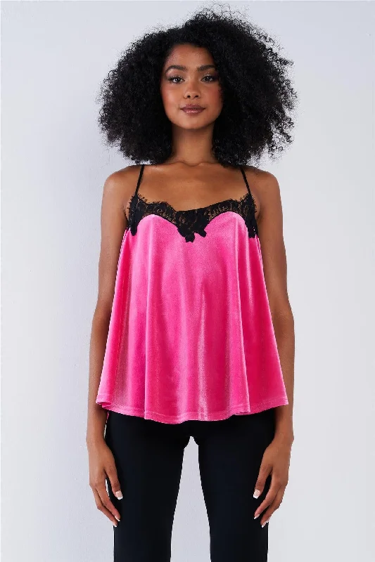 Weekend Bargains to Cherish Raspberry Pink Velvet Black Lace Hem Detail Cami Top
