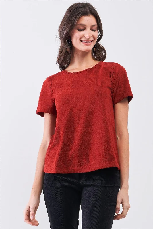 Weekend Offers That Please Rust Red Faux Suede Short Sleeve Round Neck Cross Stitching Detail Relaxed Top Weekend Offers That Please Rust Red Faux Suede Short Sleeve Round Neck Cross Stitching Detail Relaxed Top