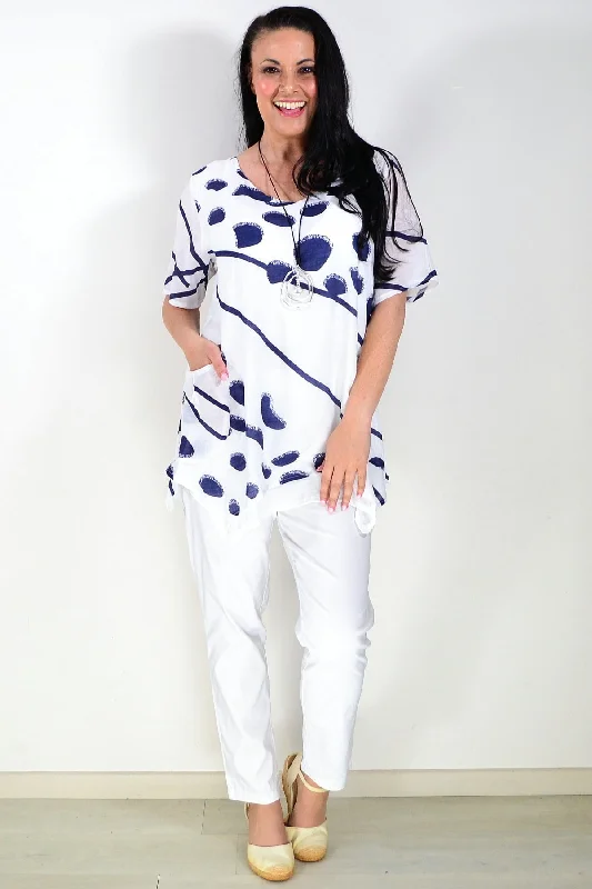 Fantastic Offers White Blue Dots Tunic Top