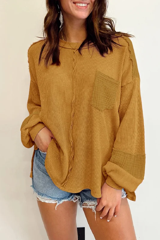 Price Fest Brown Waffle Crinkle Patchwork Long Sleeve Top