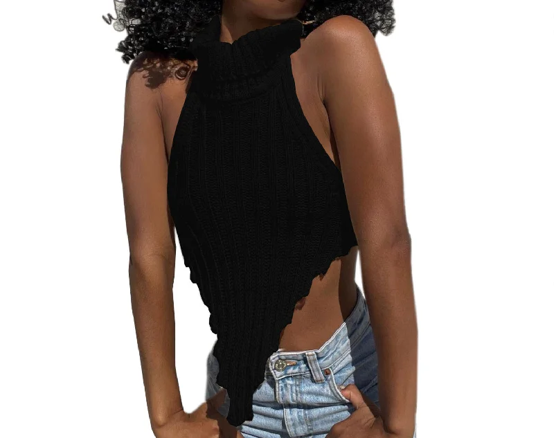 Discount Mania 2022 Custom logo spring sexy backless crop top irregular high collar mini vest solid fashion serration woolen tank top