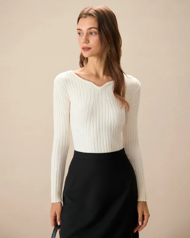 Weekend Offers That Impress The White V Neck Teardrop Ribbed Knit Top