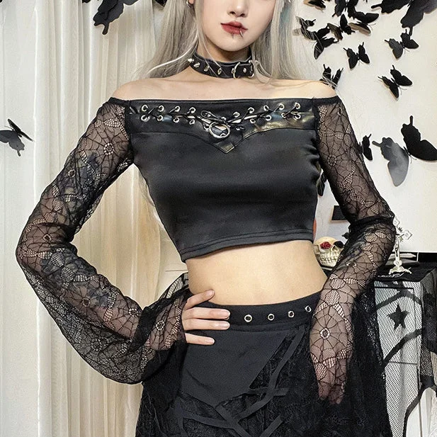 Buy More, Save More Dark Punk Gothic Strapless Lace Trumpet Sleeves Crop Tops Wholesale Women'S Tops Buy More, Save More Dark Punk Gothic Strapless Lace Trumpet Sleeves Crop Tops Wholesale Women'S Tops