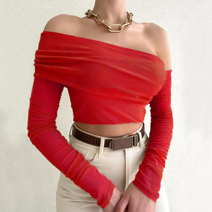 Savings Event Sexy Solid Color One-Line Collar Strapless Long-Sleeved Wrap Top Wholesale Womens Tops