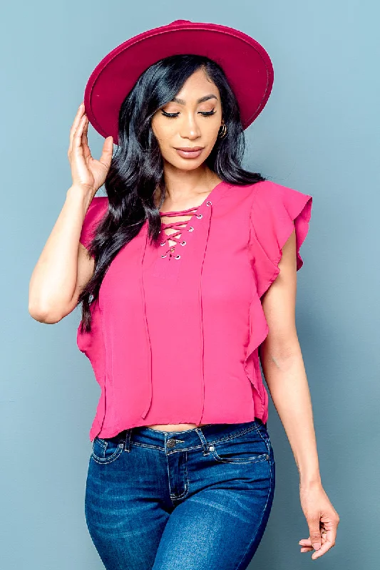 Reduced Prices Sheer Ruffle Short Flounce Sleeve Top with Lace Up Front* (20052)