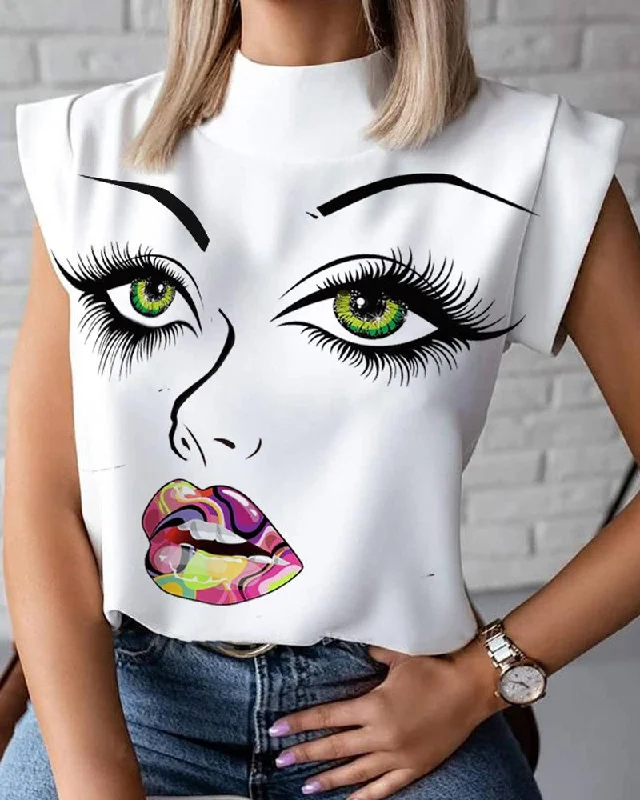 Low Price Summer Large Size Shirt Short Sleeve Printed Lip Women Casual Blouse