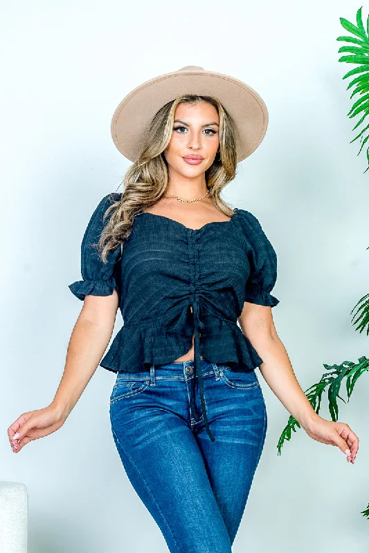 Discount Days Peplum Crop Top with Drawstring Front and Ruffled Short Puff Sleeves (Y21062)