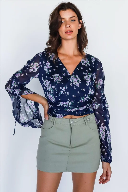 Members Only Navy Floral Print Ruched Detail Sleeve Wrap Top