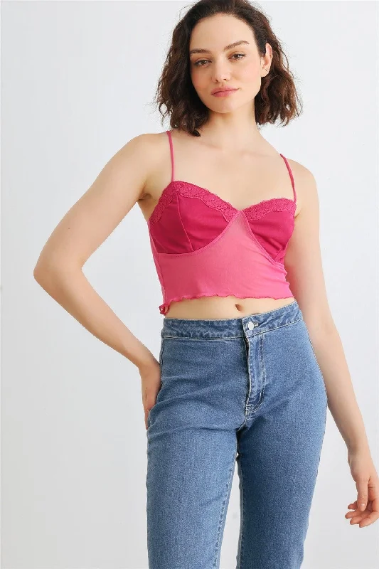 Weekend Savings Fiesta Fuchsia Mesh Lace Strappy Lettuce Hem Crop Top