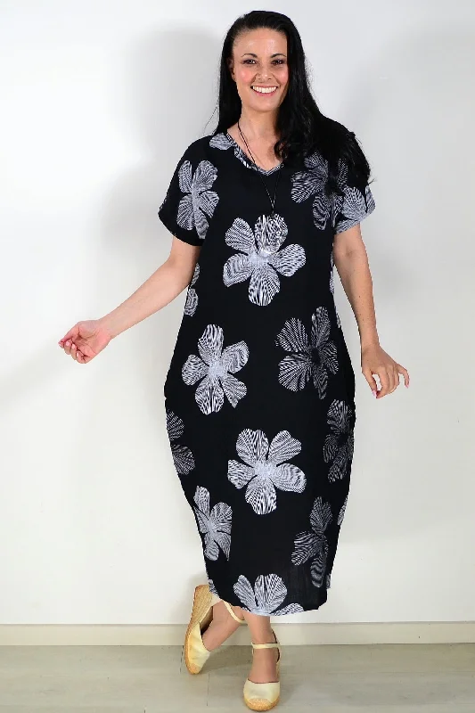 Act Now White Floral Black Dress