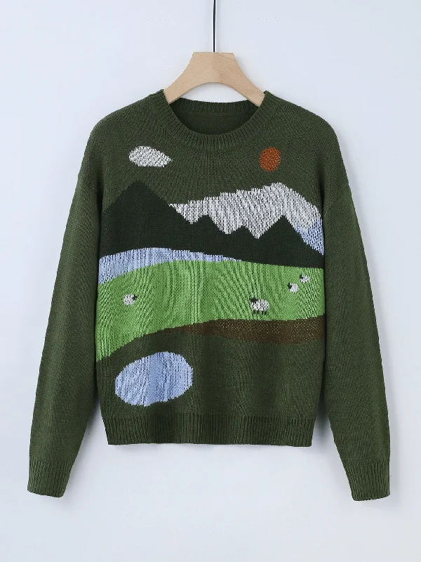 Early Bird Casual Landscape Print Long Sleeve Round Neck Regular Women Sweater