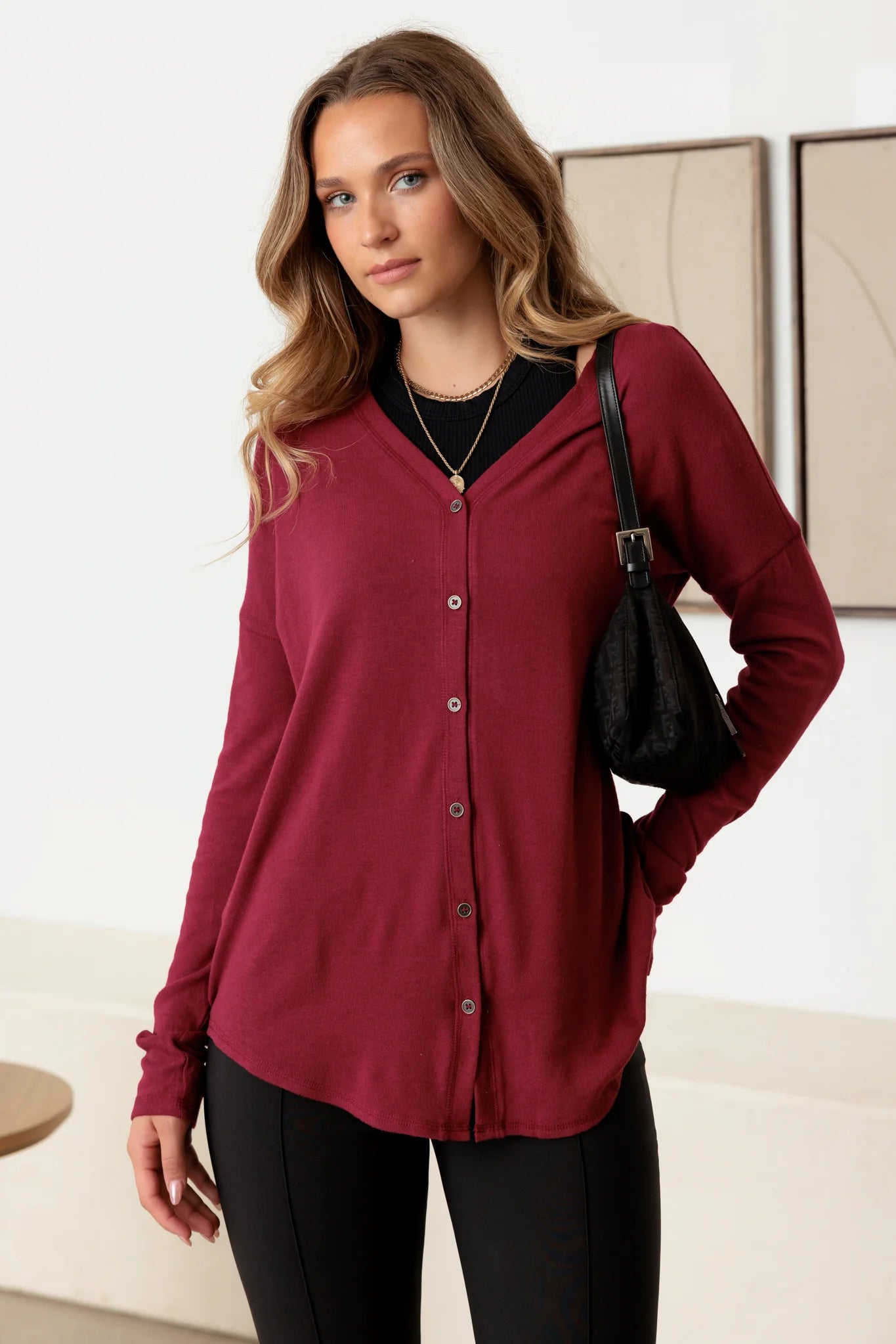Sale Event Burgundy V-Neck Long Sleeve Cardigan