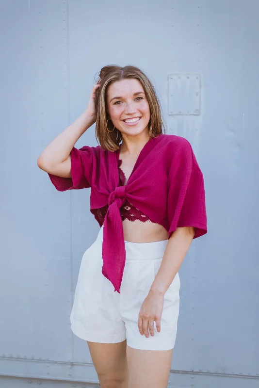 Savings Bonanza Fuchsia Tie Front Crop Top