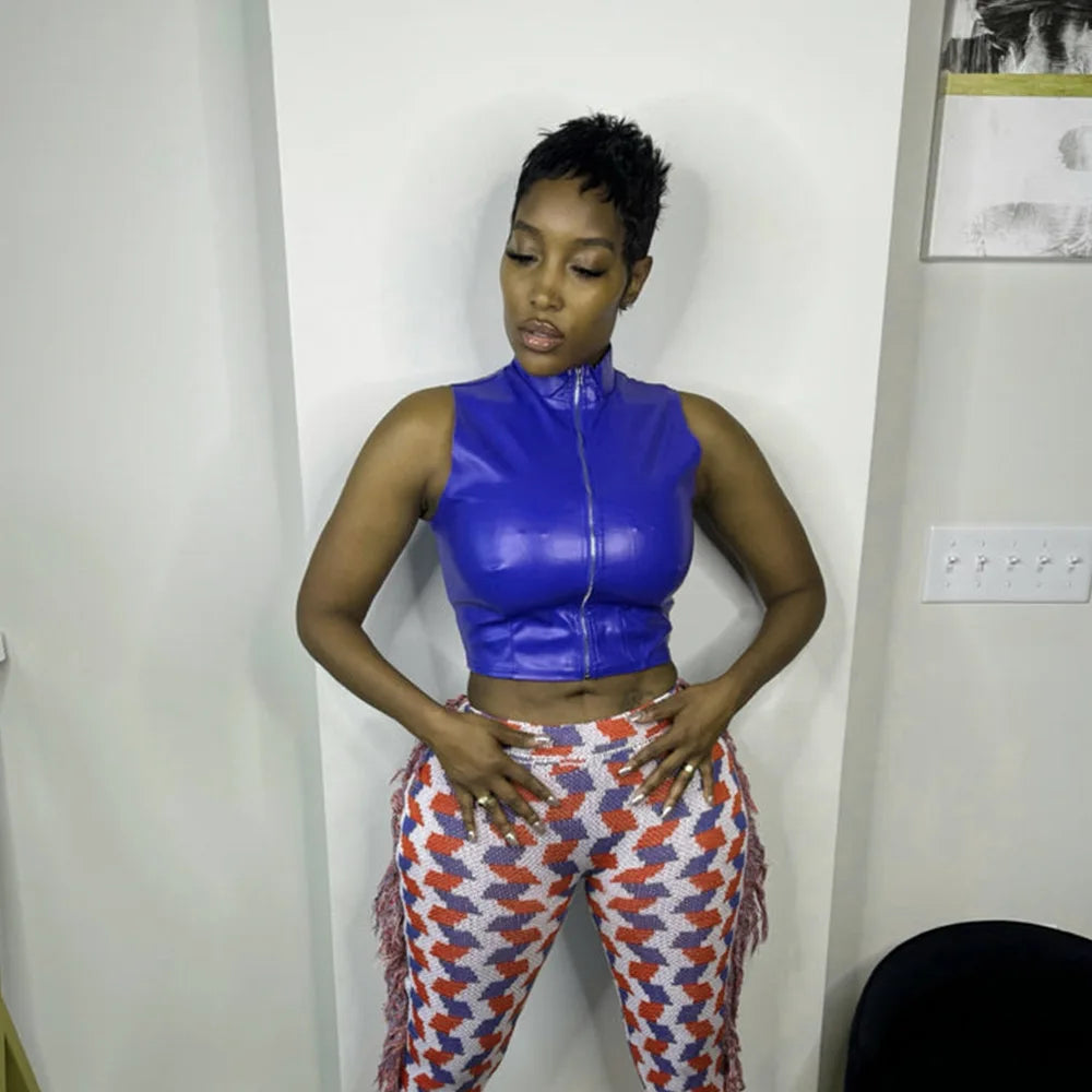 Deep Discounts Bomblook ASTP115 Streetwear Zipper Solid Color Sleeveless Crop Top Vest For Women Leather Vests