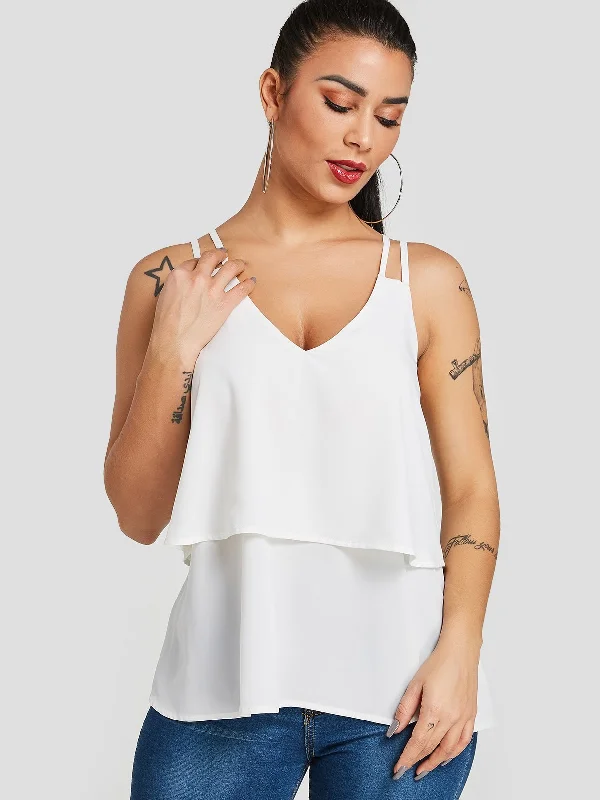 Bonus Offer Custom V-Neck Tiered Spaghetti Strap Sleeveless White Camis