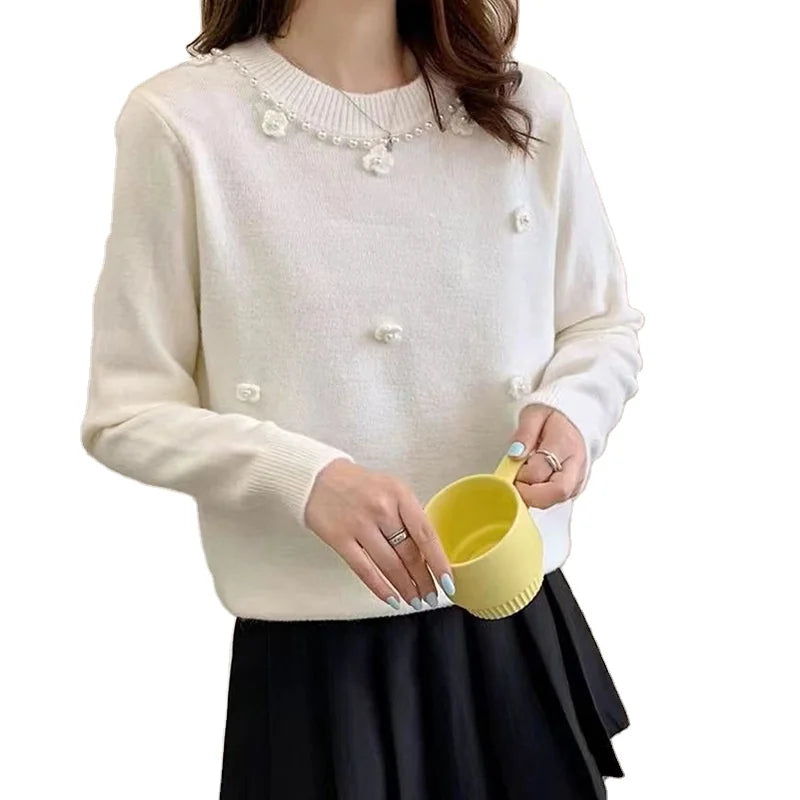 Crazy Savings 2024 Spring fashionable women crew neck long sleeve solid beading floral pullover sweater jumper Crazy Savings 2024 Spring fashionable women crew neck long sleeve solid beading floral pullover sweater jumper