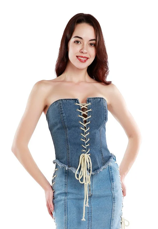 Super Deal Lace Up Denim Corset Top