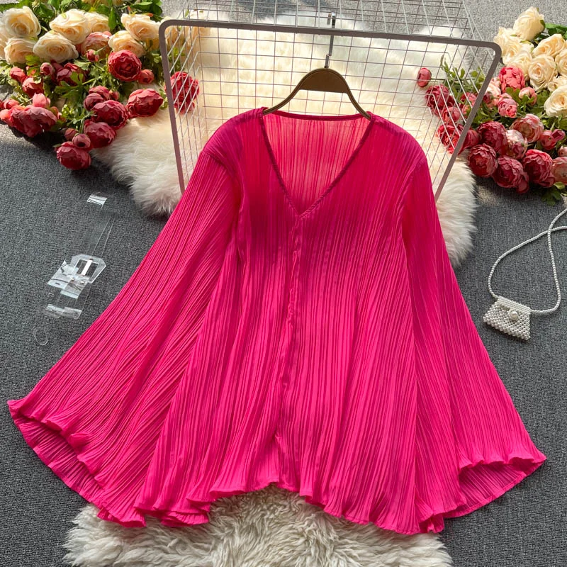 Weekend Bargains to Cherish Summer Fashion Casual Street Shirts Women's Korean Chiffon Shirts Flared Sleeves V-Neck Pleated Solid Color Office Tops