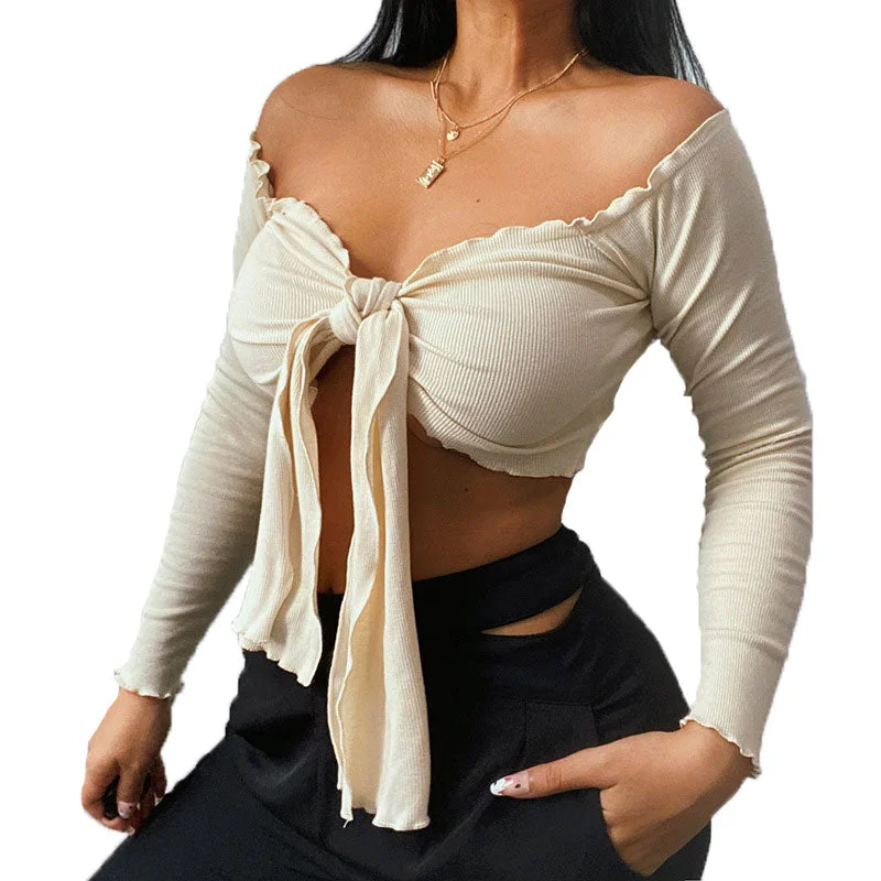 Price Slash 10625-SW57 designers 2021 autumn strapless bust bow thin sexy long sleeve blouse tank top crop t shirts women sehe fashion