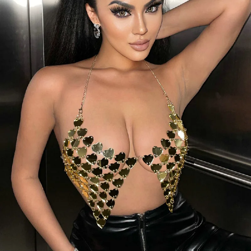 Year-End Clearance SHIHAN T20412 Gold Silver Backless Bra Metal Mini Skirt Short Bikini Jewelry Crop Top Metal Mesh Sequin Halter Women Tops