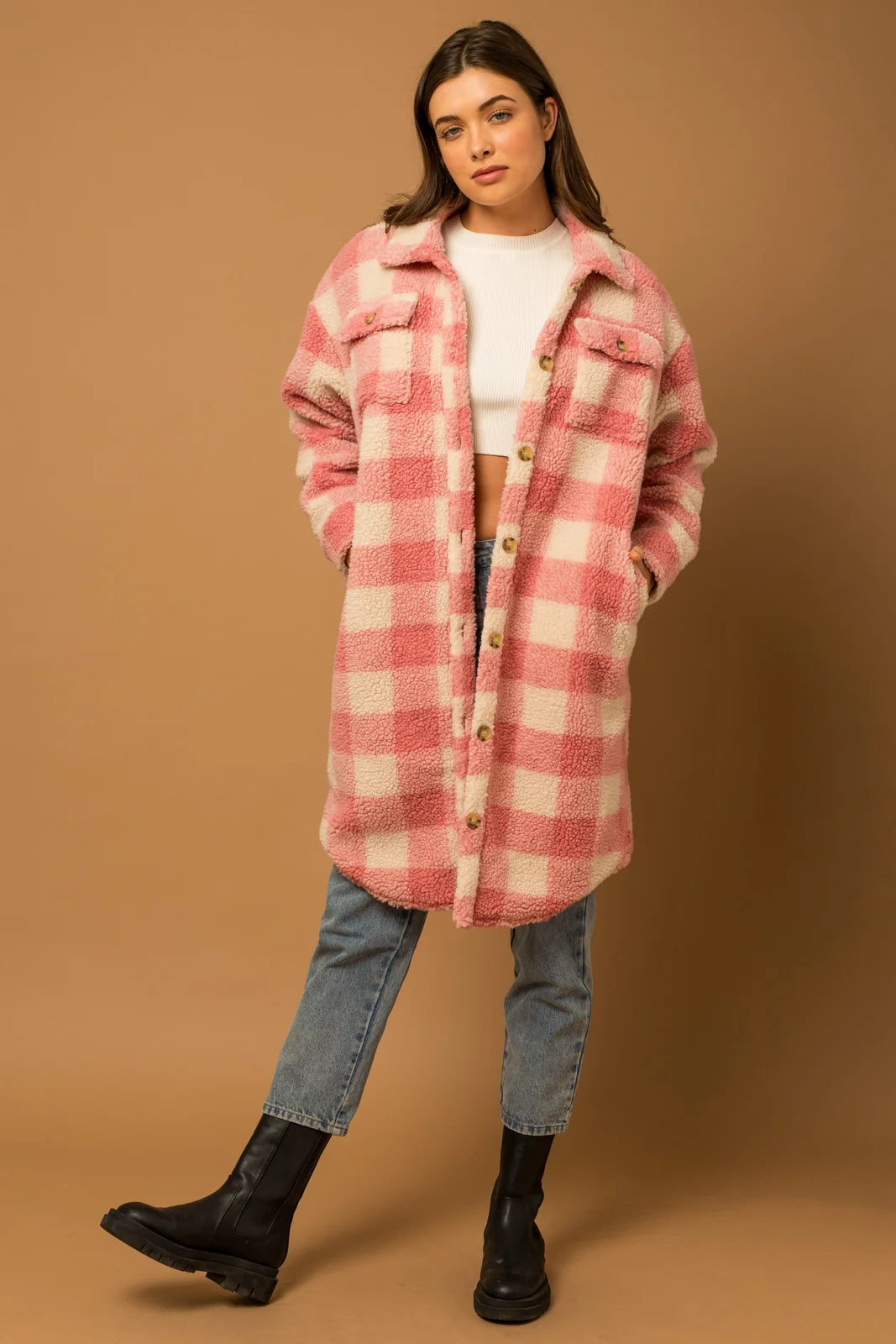 Special Offer Sherpa Two Front Pocket Plaid Shacket