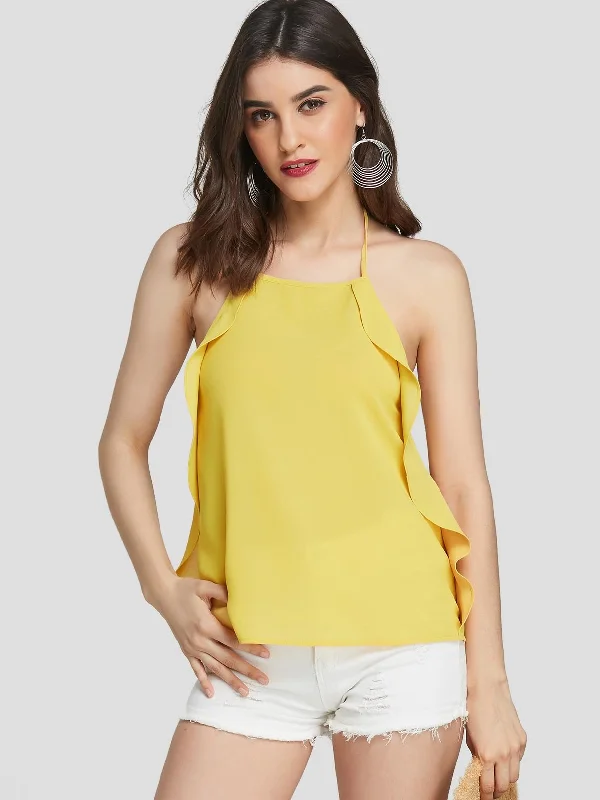 Stock Up Custom Halter Plain Tassel Backless Double Layer Sleeveless Yellow Camis