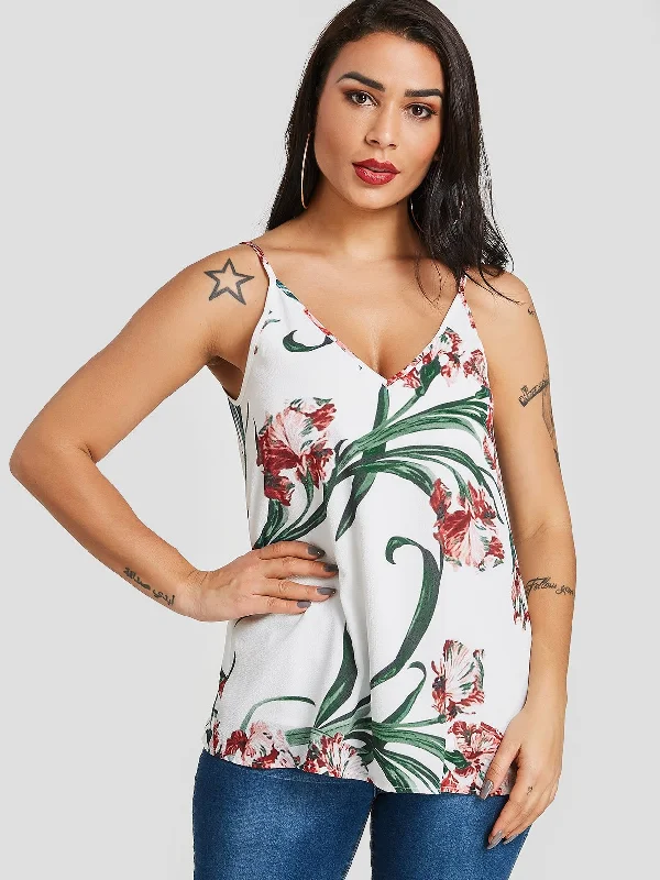 Today's Special Custom V-Neck Floral Print Spaghetti Strap Sleeveless White Camis