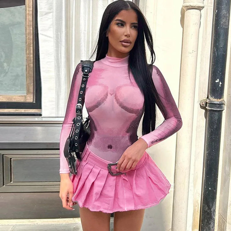 Online Only Bomblook C1107BS Stylish Print Playsuit Fall Body Printed With Stand Collar Casual Sext Bodysuit Jumpsuit Women