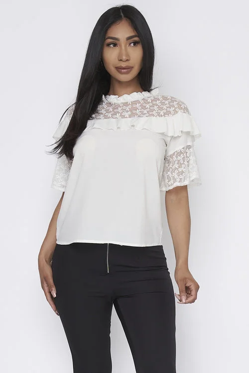 Super Sale Round Neck Ruffle Sleeve With Lace Top (T418)