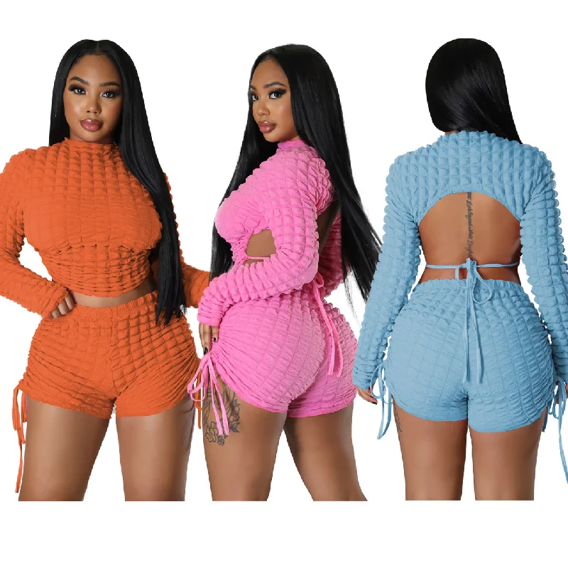 Steals and Deals Long Sleeve Backless Crop Tops 2 Piece Short Pants Outfits For Women 2023 Casual Drawstring Short Set