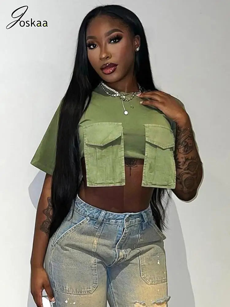 Limited Time Offer Joskaa Fashion Cargo Pockets Green T-Shirts Women Casual O-Neck Short Sleeve Slim Crop Tops 2024 Summer Female Tees Streetwear