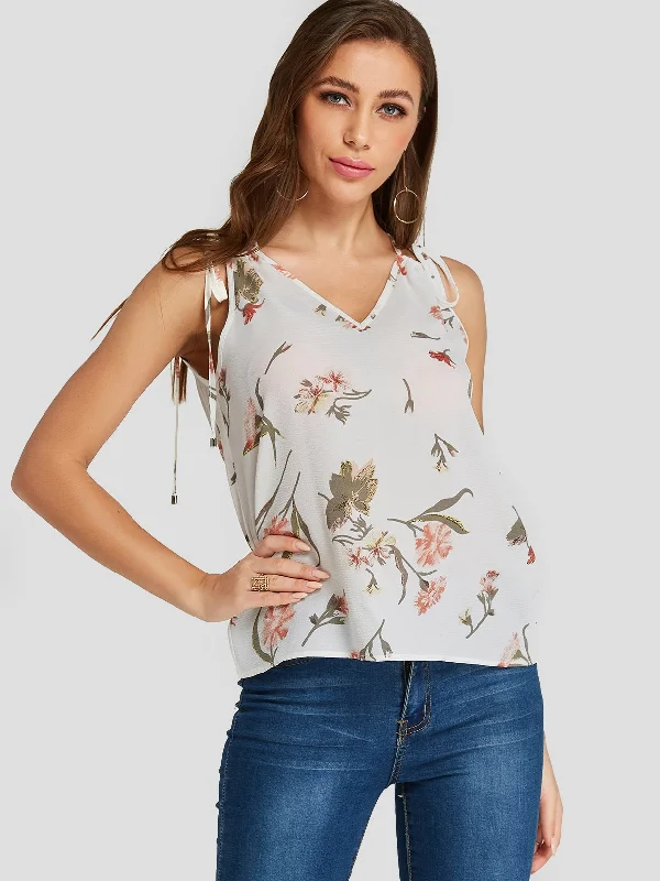 Limited Offer Custom V-Neck Floral Print Self-Tie Sleeveless White Camis