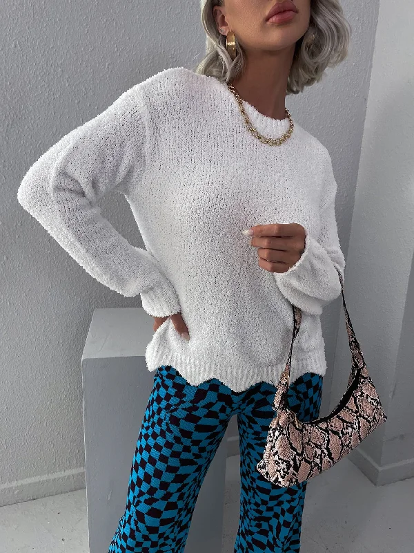 Super Savings Casual Plain Scallop Long Sleeve Round Neck Regular Women Sweater