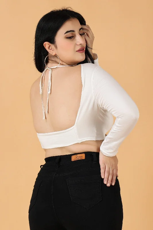 Act Now White Solid Backless Semi-Sheer Top