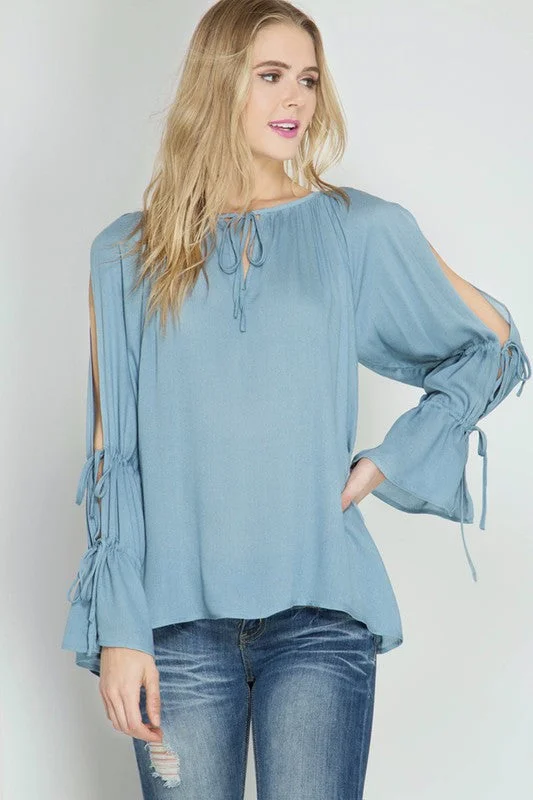 Can't Miss Blouse W/ Open Tie Sleeves