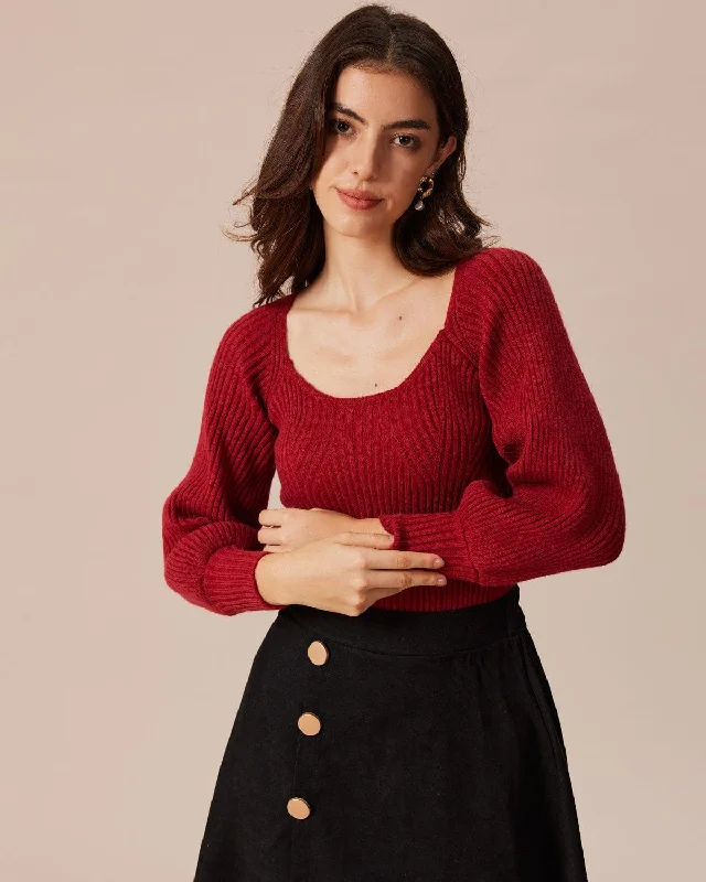 Bargain Prices The Red Scoop Neck Lantern Sleeve Sweater