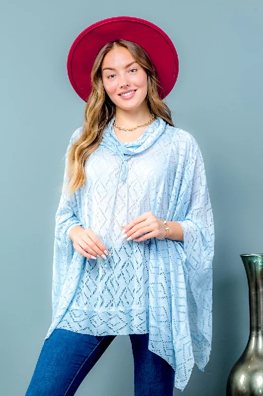 Deal of the Week Draw Tie Cowl Neck Poncho with Triangular Shaped Cutout Fabric (15711)